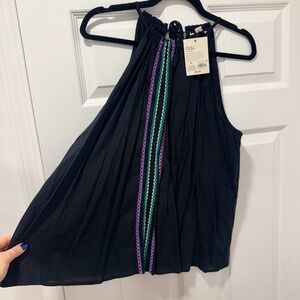 Knox Rose Womens Black Embroidered Halter Top High Neck Tie Back XL Boho Tank